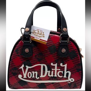 VON DUTCH Red and Black Plaid Mini Bowling Bag